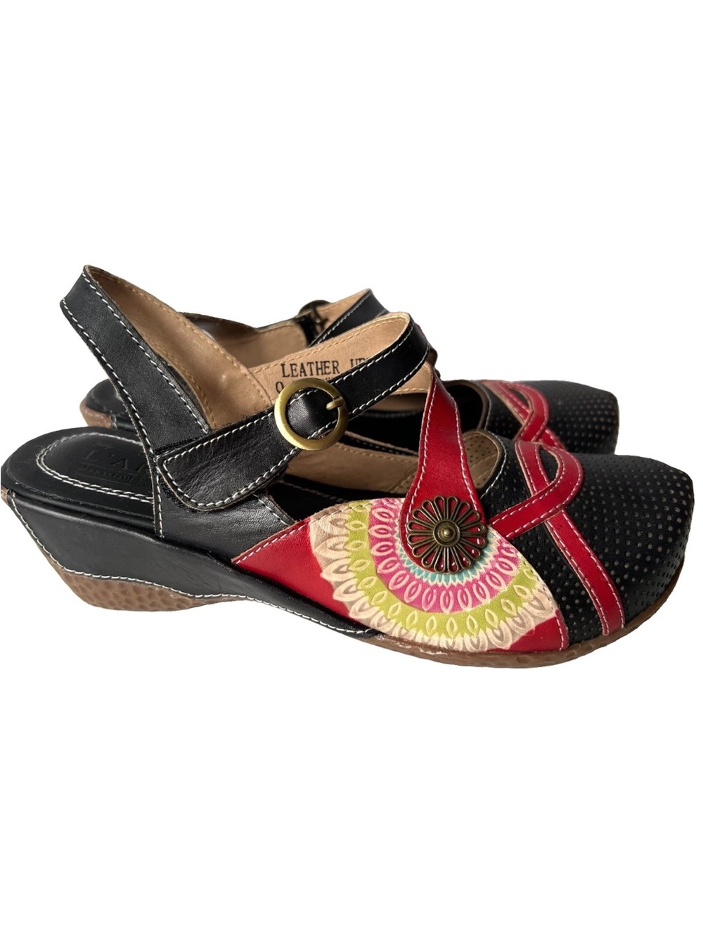 Spring Step L'Artiste Mary Jane Floral Leather Slingback Wedge Sandals Clogs 36